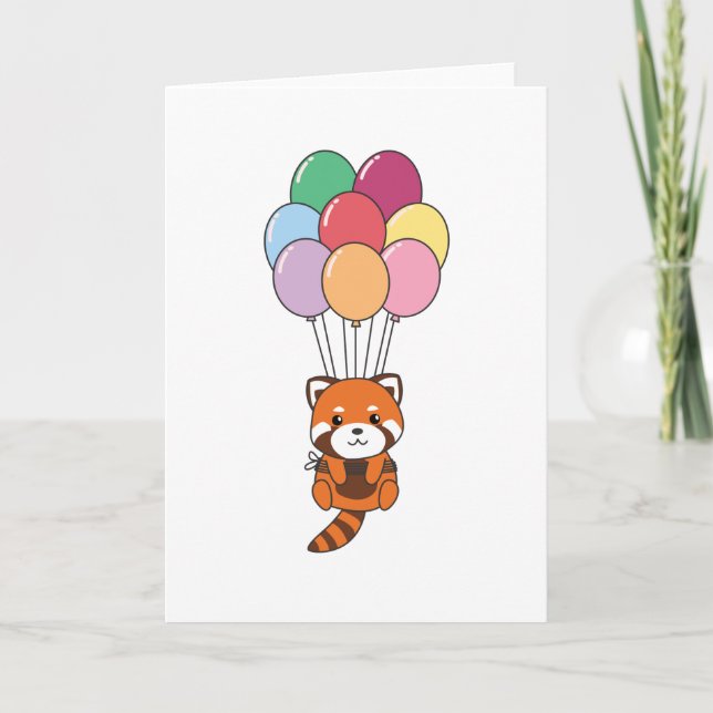 Red Panda Flies Up With Colourful Balloons Card (Front)