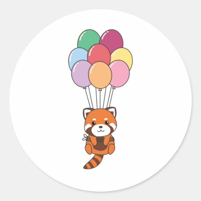 Red Panda Flies Up With Colourful Balloons Classic Round Sticker (Front)