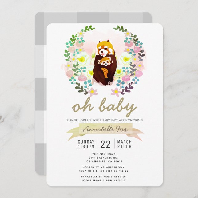 Red Panda Floral Wreath Baby Shower Invitation (Front/Back)