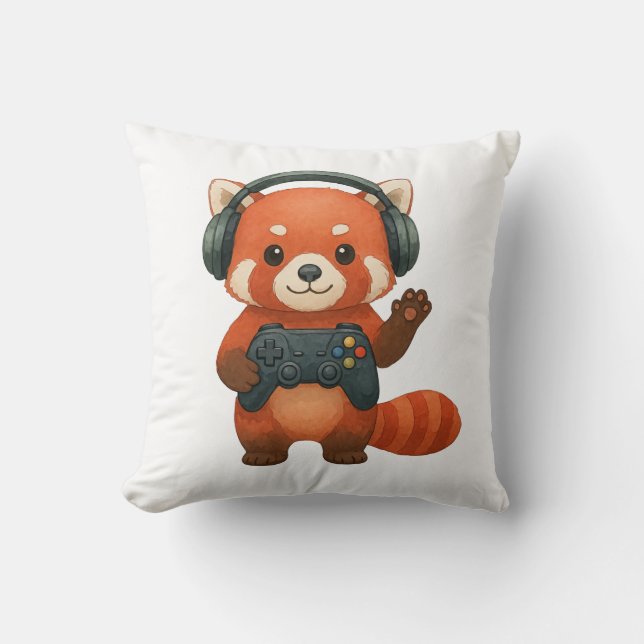 Red Panda Gamer, Gaming Controller & Headphones  Cushion (Front)