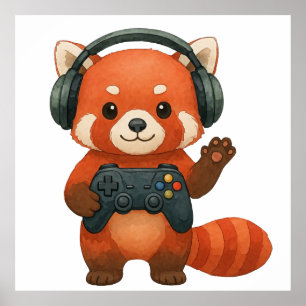Red Panda Gamer, Gaming Controller & Headphones  Poster