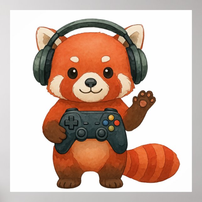 Red Panda Gamer, Gaming Controller & Headphones  Poster (Front)