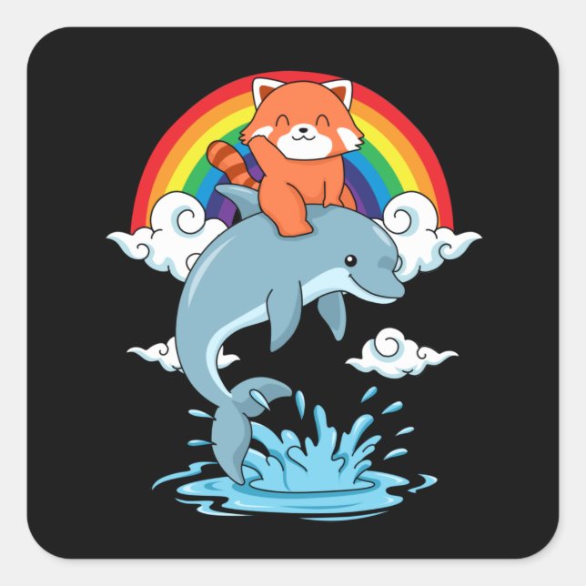 Red Panda Gifts Kids Kawaii Red Panda Dolphin Square Sticker (Front)