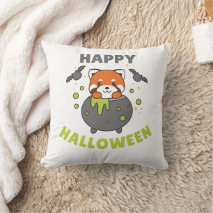 Red Panda Happy Halloween Cauldron Bat Cushion