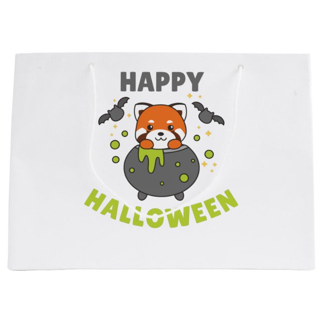Red Panda Happy Halloween Cauldron Bat Large Gift Bag (Front)