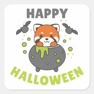 Red Panda Happy Halloween Cauldron Bat Square Stic Sticker