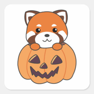 Red Panda In Pumpkin Cute Pandas Happy Halloween Square Sticker