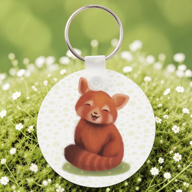 Red Panda Key Ring (A keychain with a hand-painted red panda, cute and smiling, laid on sunlit moss.)