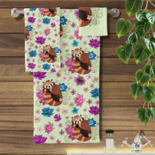 Red Panda Lotus Flowers Henna Bath Towel Set