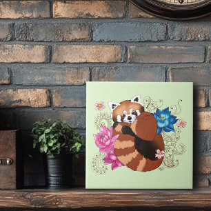 Red Panda Lotus Flowers Henna Ceramic Tile