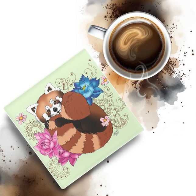 Red Panda Lotus Flowers Henna Glass Coaster (Creator Uploaded)