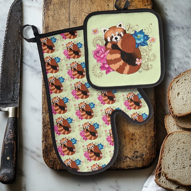 Red Panda Lotus Flowers Henna Oven Mitt & Pot Holder Set (Creator Uploaded)