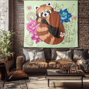 Red Panda Lotus Flowers Henna Tapestry
