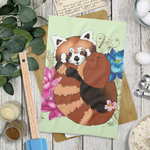 Red Panda Lotus Flowers Henna Tea Towel