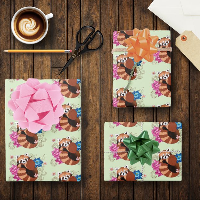 Red Panda Lotus Flowers Henna Wrapping Paper Sheet (Creator Uploaded)
