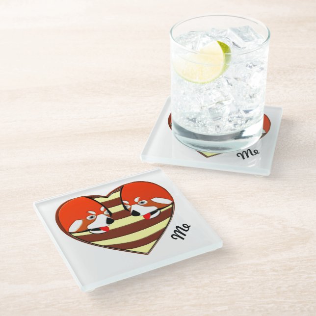 Red Panda Love heart Glass Coaster (Angled)