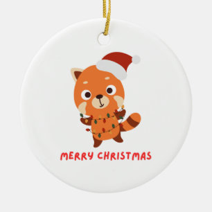 Red panda Merry Christmas Ceramic Ornament