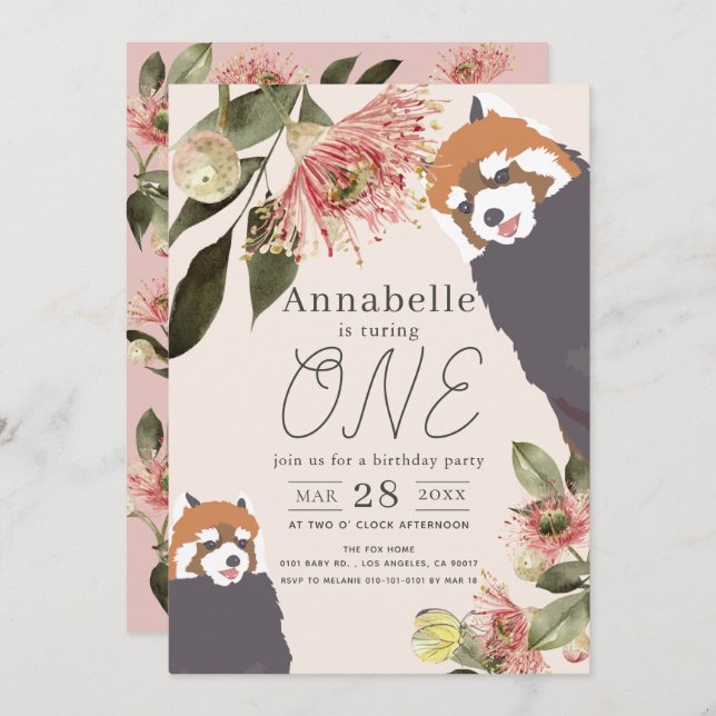 Red Panda Pink Floral Girl 1st Birthday Invitation (Front/Back)