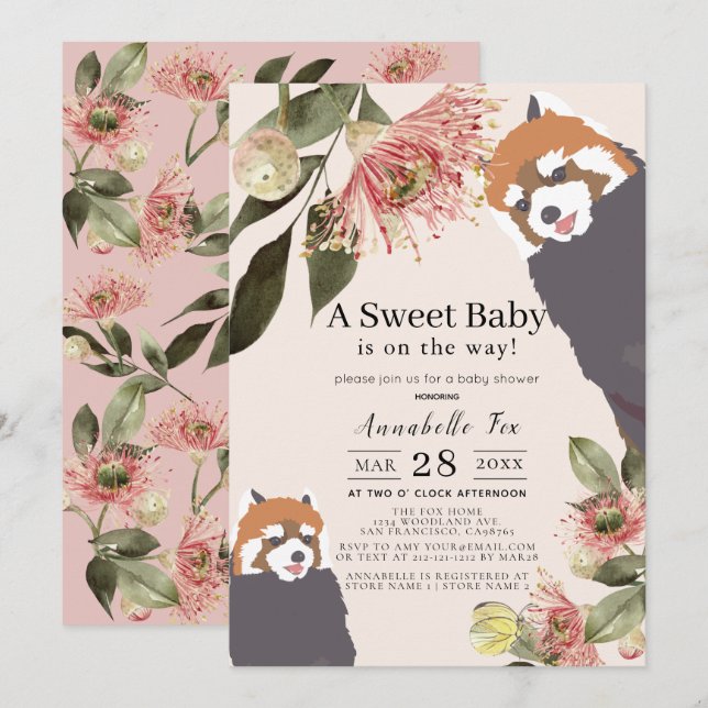 Red Panda Pink Floral Girl Baby Shower Invitation (Front/Back)