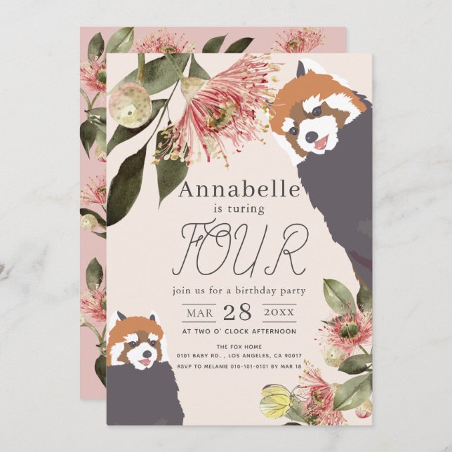 Red Panda Pink Floral Girl Birthday Invitation (Front/Back)