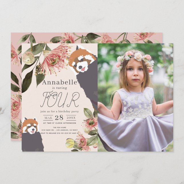 Red Panda Pink Floral Girl Birthday Photo Invitation (Front/Back)