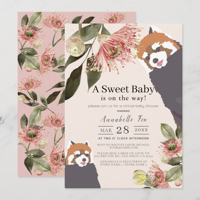 Red Panda Pink Floral Girl Virtual Baby Shower Invitation (Front/Back)