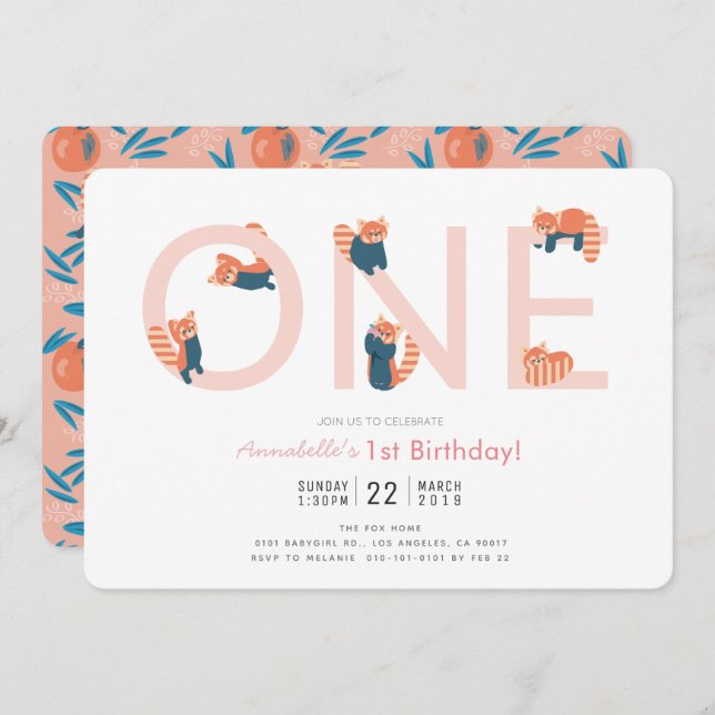 Red Panda Pink Girl 1st Birthday Invitation (Front/Back)