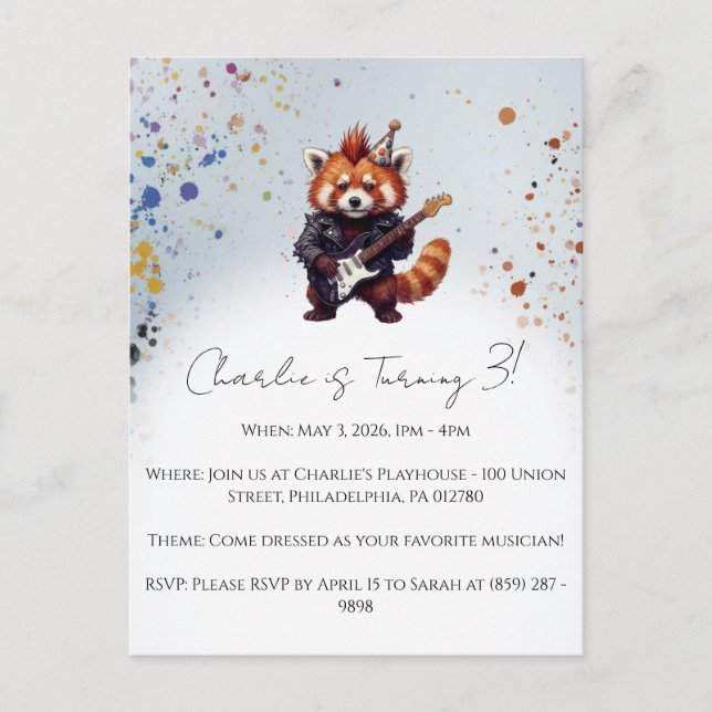 Red Panda Rocker Birthday Invitation Postcard (Front)