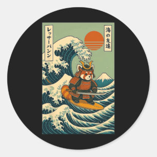 Red Panda Samurai Surfing Japanese Wave  Classic Round Sticker