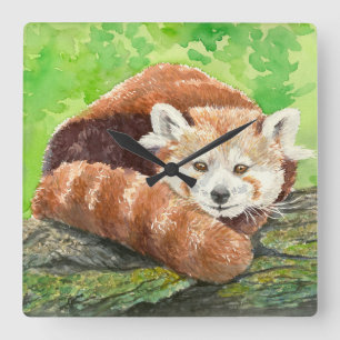 Red panda square wall clock