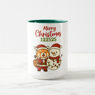 Red panda standing next to Snowman Mug