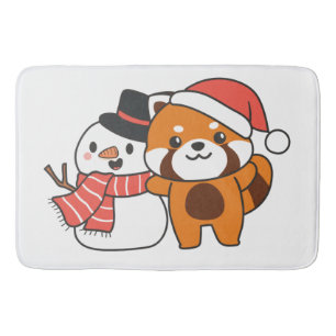 Red Panda With Snowman In Winter For Christmas Bath Mat