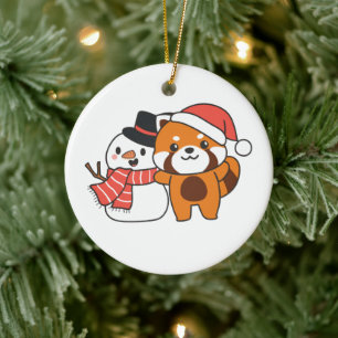 Red Panda With Snowman In Winter For Christmas Cer Ceramic Ornament