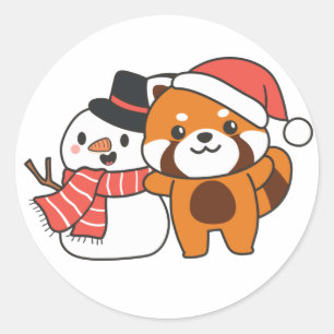 Red Panda With Snowman In Winter For Christmas Cla Classic Round Sticker