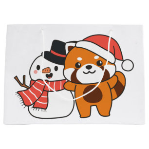 Red Panda With Snowman In Winter For Christmas Large Gift Bag