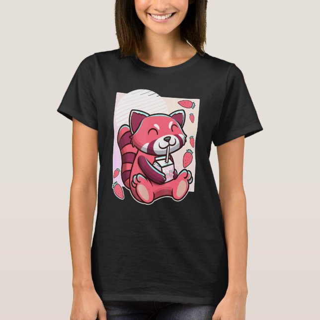 Red Panda With Strawberry Milk T-Shirt (Front)