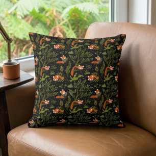 Red Pandas in the Forest Black Cushion