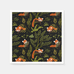 Red Pandas in the Forest Black Napkin