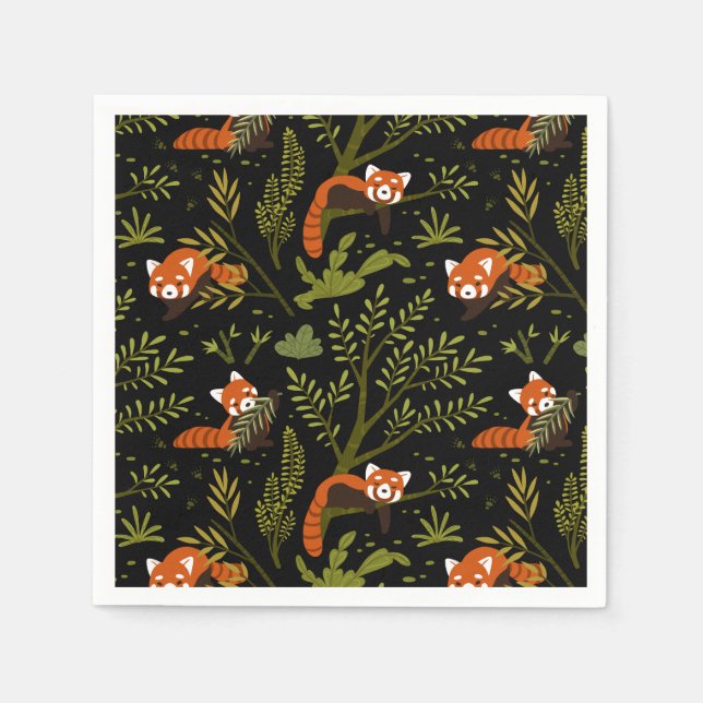 Red Pandas in the Forest Black Napkin (Front)