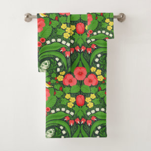 Red pansies, birds and butterflies bath towel set