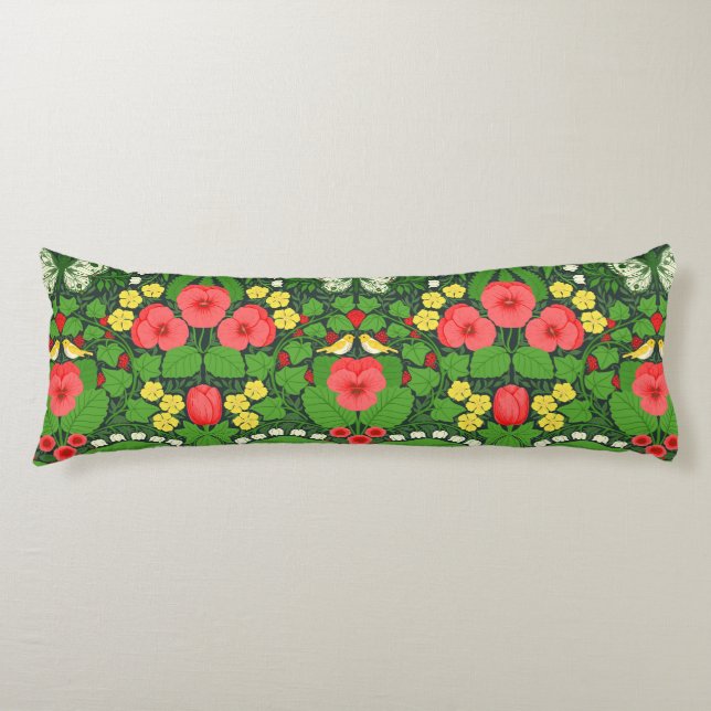 Red pansies, birds and butterflies body cushion (Front)