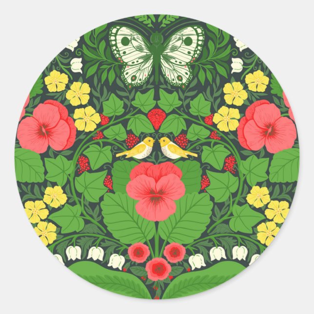Red pansies, birds and butterflies classic round sticker (Front)