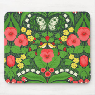 Red pansies, birds and butterflies mouse pad