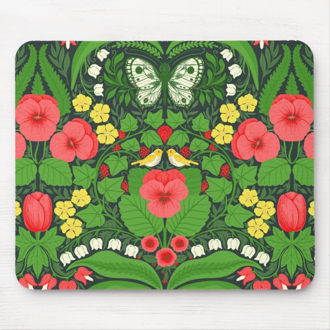 Red pansies, birds and butterflies mouse pad (Front)