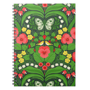 Red pansies, birds and butterflies notebook