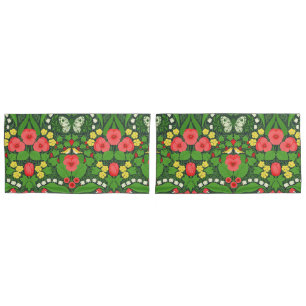 Red pansies, birds and butterflies pillowcase
