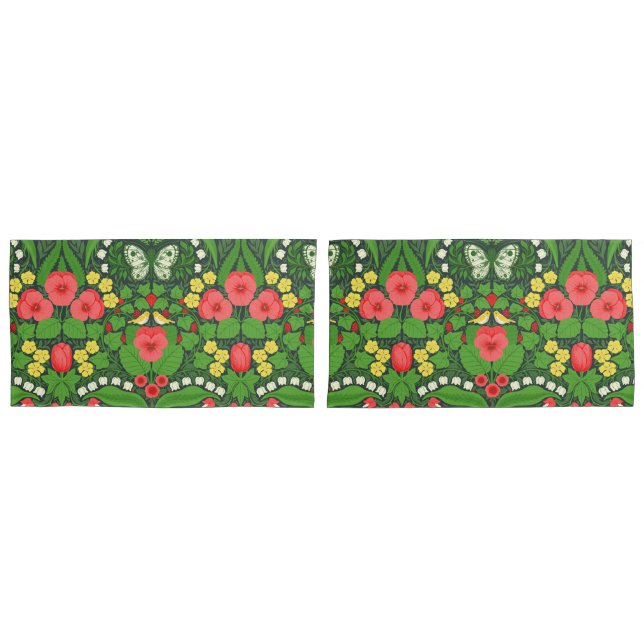 Red pansies, birds and butterflies pillowcase (Front-Set)