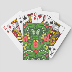 Red pansies, birds and butterflies playing cards