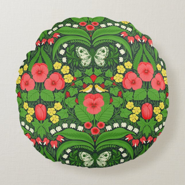 Red pansies, birds and butterflies round cushion (Front)