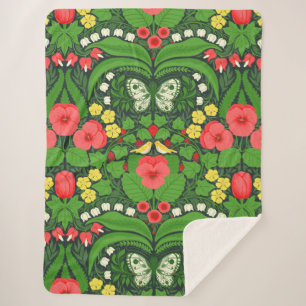 Red pansies, birds and butterflies sherpa blanket